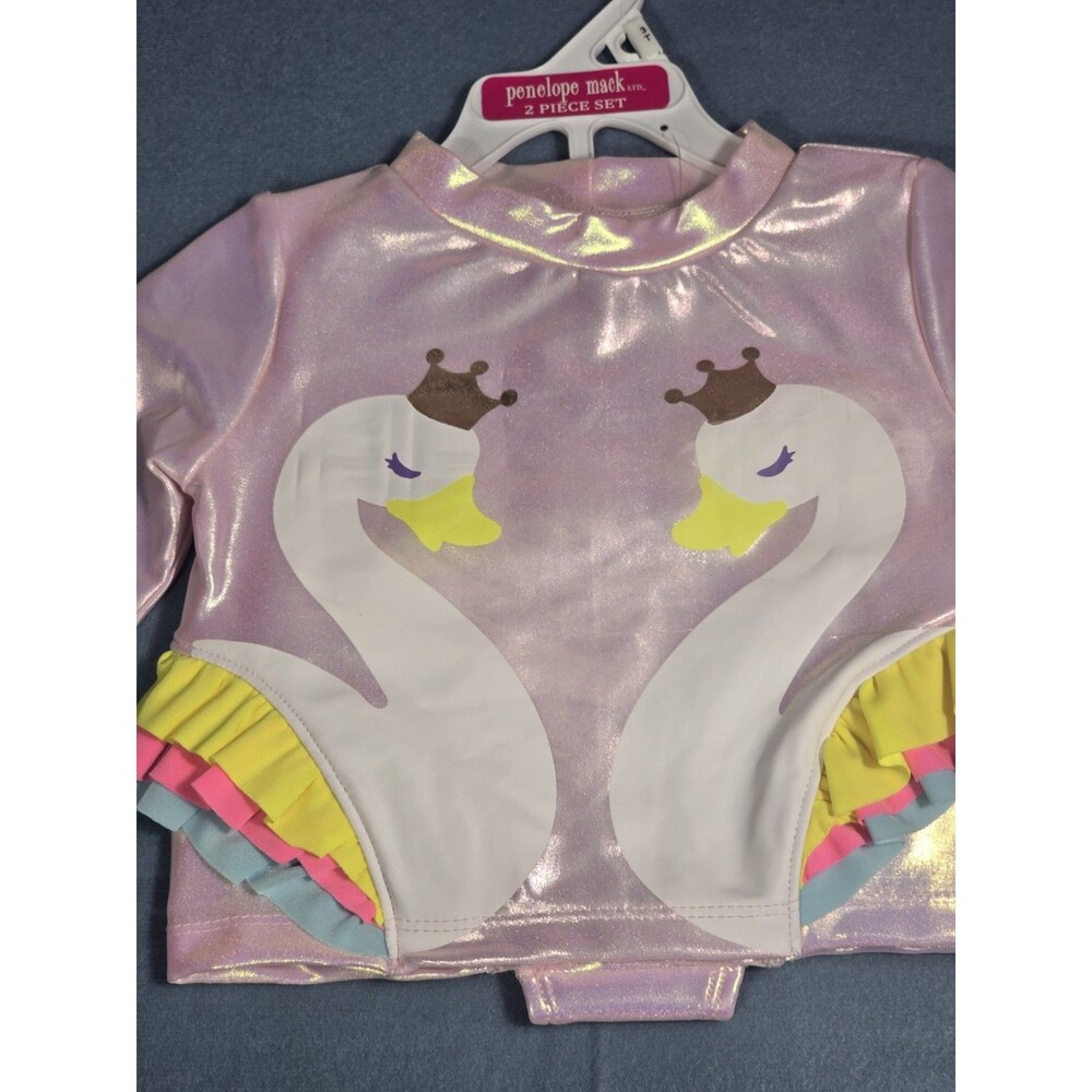 Penelope Mack Toddler Girls Pink Iridescent Swan Ruffle Long-Sleeve Rash Guard3T